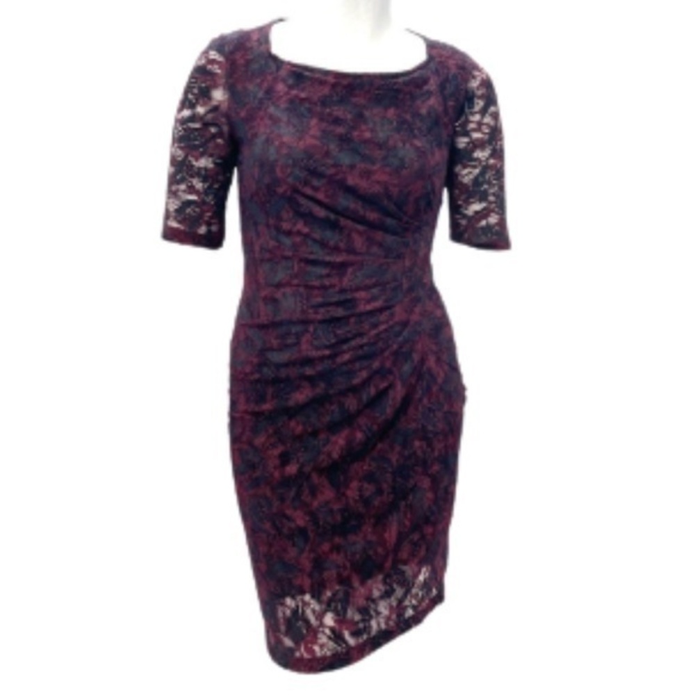 Maeve Anthropologie Maroon and black lace midi dress size 12